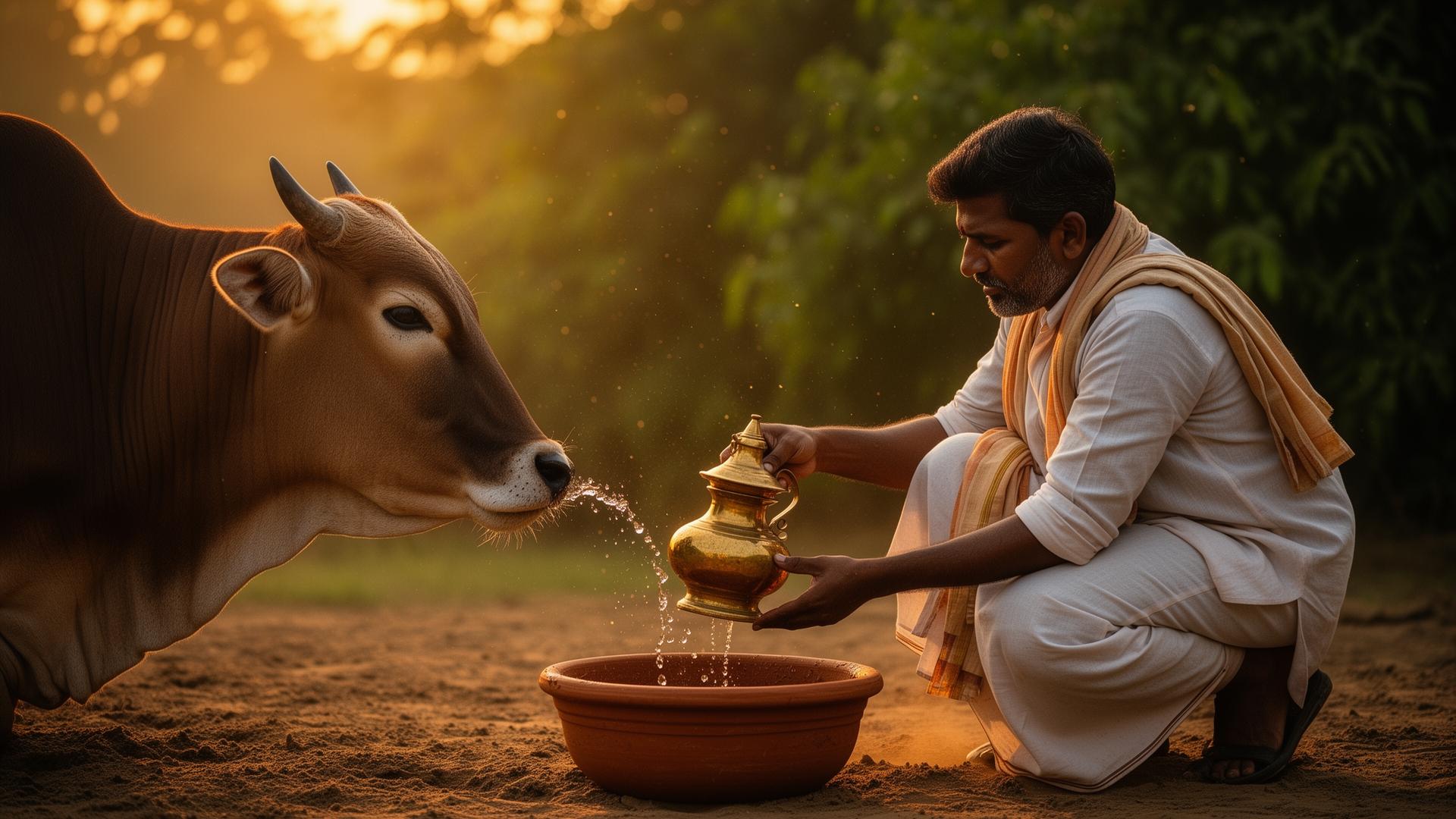 गौसेवा करता एक स्वयंसेवक ब्रह्म मुहूर्त में गाय को पानी पिलाते हुए